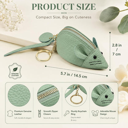 HOTLOGOFUN Mouse Coin Purse Coin Pouch Wallet with Zipper and Keychain Green | Genuine Leather, Soft, Cute Animal Shaped, For Women and Girls, For Bag Decoration