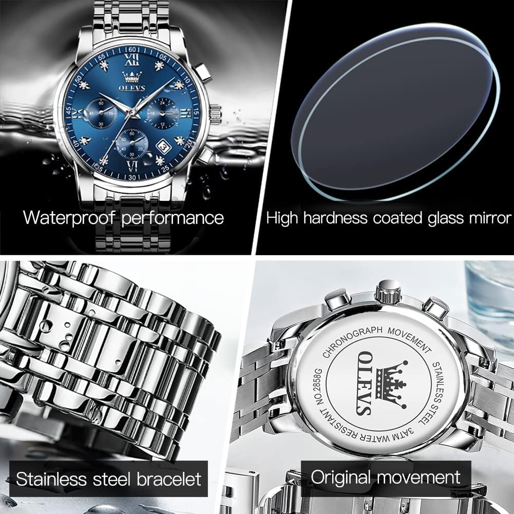 HOTOLEVS Watches for Men with Date Luxury Big Face Waterproof Mens Wristwatch Analog Dress Two Tone Stainless Steel Man Watch Luminous Relojes De Hombre Calendar(Green/Blue/Black Dial