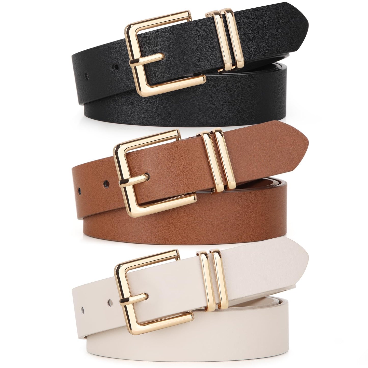 HOTPack 3 Women Belts for Jeans Pants, Fashion Gold Buckle Leather Belts