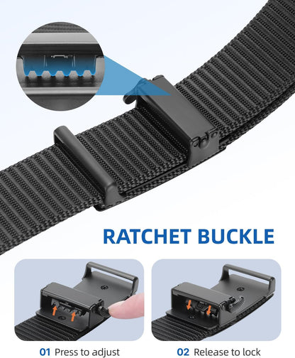 HOTWONDAY Ratchet Belts for Men 2 Pack Nylon Web No Hole Automatic Buckle Heavy Duty Work Belt for Golf Tactical Outdoor Hiking