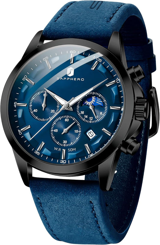 HOTSAPPHERO Chronograph Watches for Men, Original Business Casual Stainless Steel Analog Watch 50M Waterproof Luminous Watches with Date Dial, Mens Gift