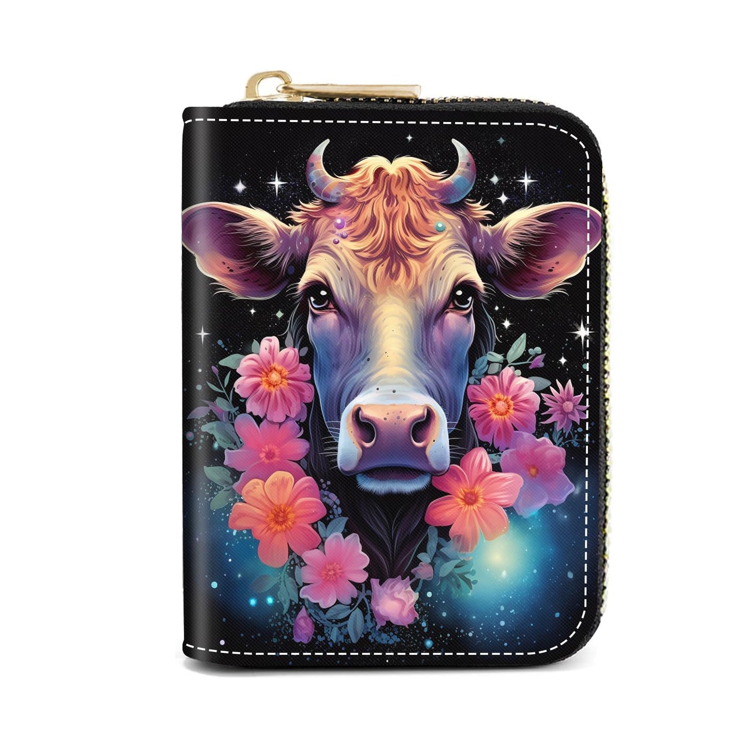 HOTCredit Card Holder Wallets for Women, Slim Leather Card Holder Wallet, Credit Card Wallet Organizer, Pocket Business Card Case with Zipper, Elephants and Flowers Under the Moon