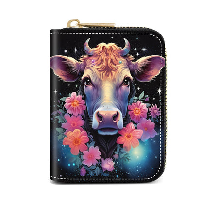 HOTCredit Card Holder Wallets for Women, Slim Leather Card Holder Wallet, Credit Card Wallet Organizer, Pocket Business Card Case with Zipper, Elephants and Flowers Under the Moon