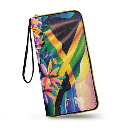 HOTHawaii Totem Flowers PU Leather Ladies Wallet Wristlet, Tropical Hawaiian Tiki Art Zip Around Wallets for Women, Brown Large Capacity Card Holder Organizer