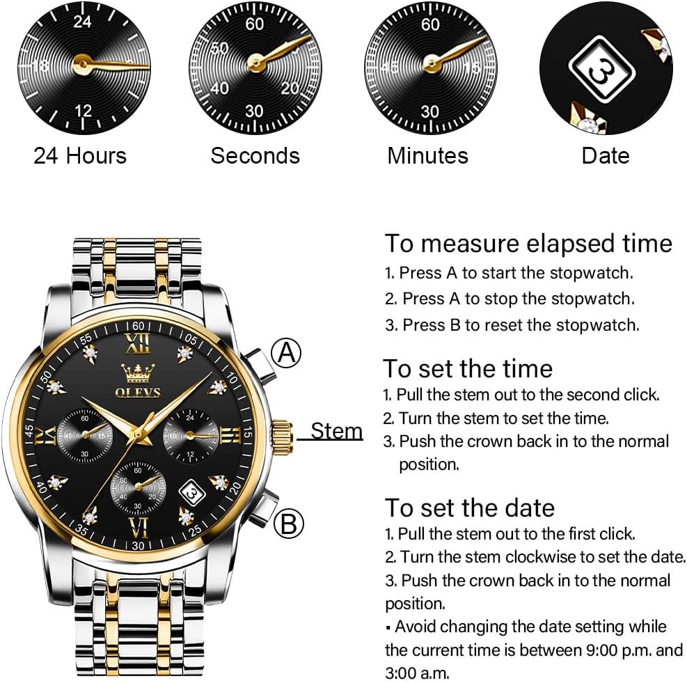 HOTOLEVS Men's Stainless Steel Chronograph Watch, Big Face Gold Silver Black Tone Easy to Read Analog Quartz Watch, Luxury Waterproof Date Diamond Roman Arabic Numerals Dial Dress Watch for Men