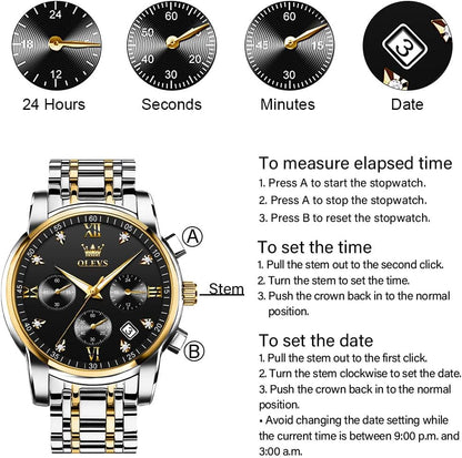 HOTOLEVS Men's Stainless Steel Chronograph Watch, Big Face Gold Silver Black Tone Easy to Read Analog Quartz Watch, Luxury Waterproof Date Diamond Roman Arabic Numerals Dial Dress Watch for Men