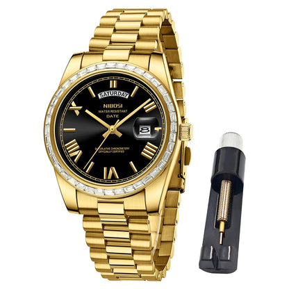 HOTNIBOSI Men's Watches Analog Quartz Diamond Bezel Stainless Steel Dial Rose Gold Silver Watches for Men Waterproof Business Classic Dress Wrist Watch with Day Date