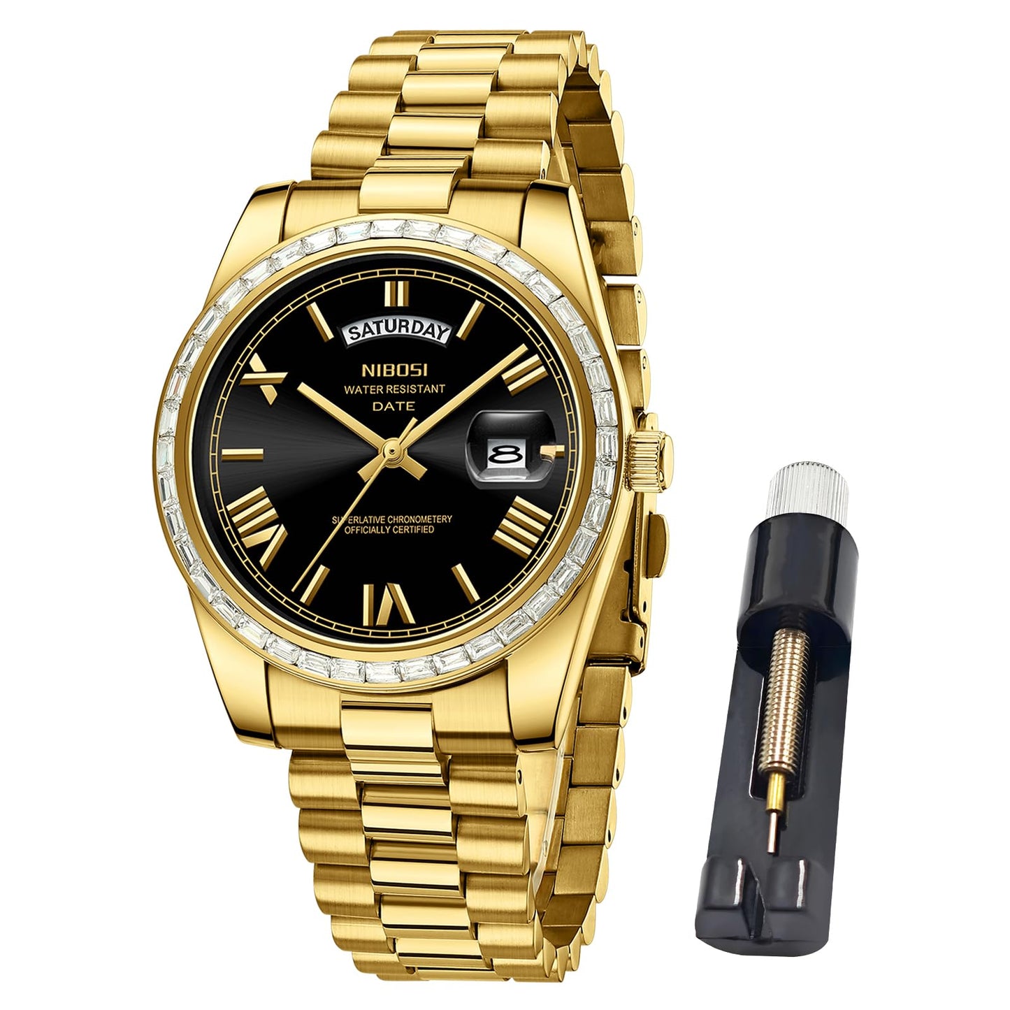 HOTNIBOSI Men's Watches Analog Quartz Diamond Bezel Stainless Steel Dial Rose Gold Silver Watches for Men Waterproof Business Classic Dress Wrist Watch with Day Date