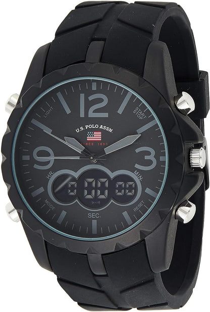 HOTU.S. Polo Assn. Men's Multifunction Watch Black Silicone Strap Analog Digital Display Alarm Chronograph Backlight 50mm Case Fits Wrists 5.5" to 8"