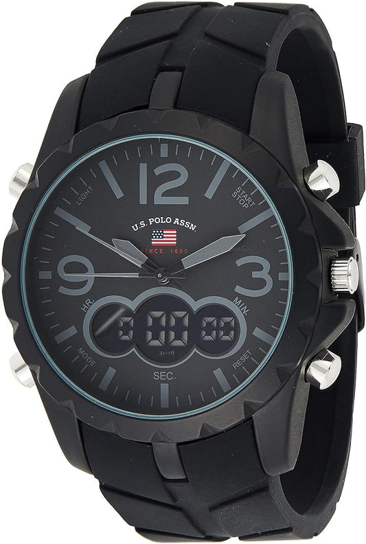 HOTU.S. Polo Assn. Men's Multifunction Watch Black Silicone Strap Analog Digital Display Alarm Chronograph Backlight 50mm Case Fits Wrists 5.5" to 8"