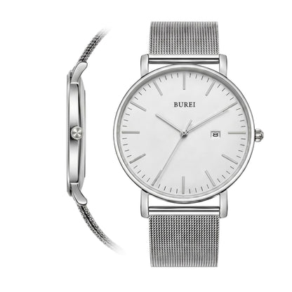 HOTBUREI Ultra Thin Minimalist Men Watch, All Black Stainless Steel Mesh Band,Analog Waterproof Casual Business Wristwatch, Gift for Father