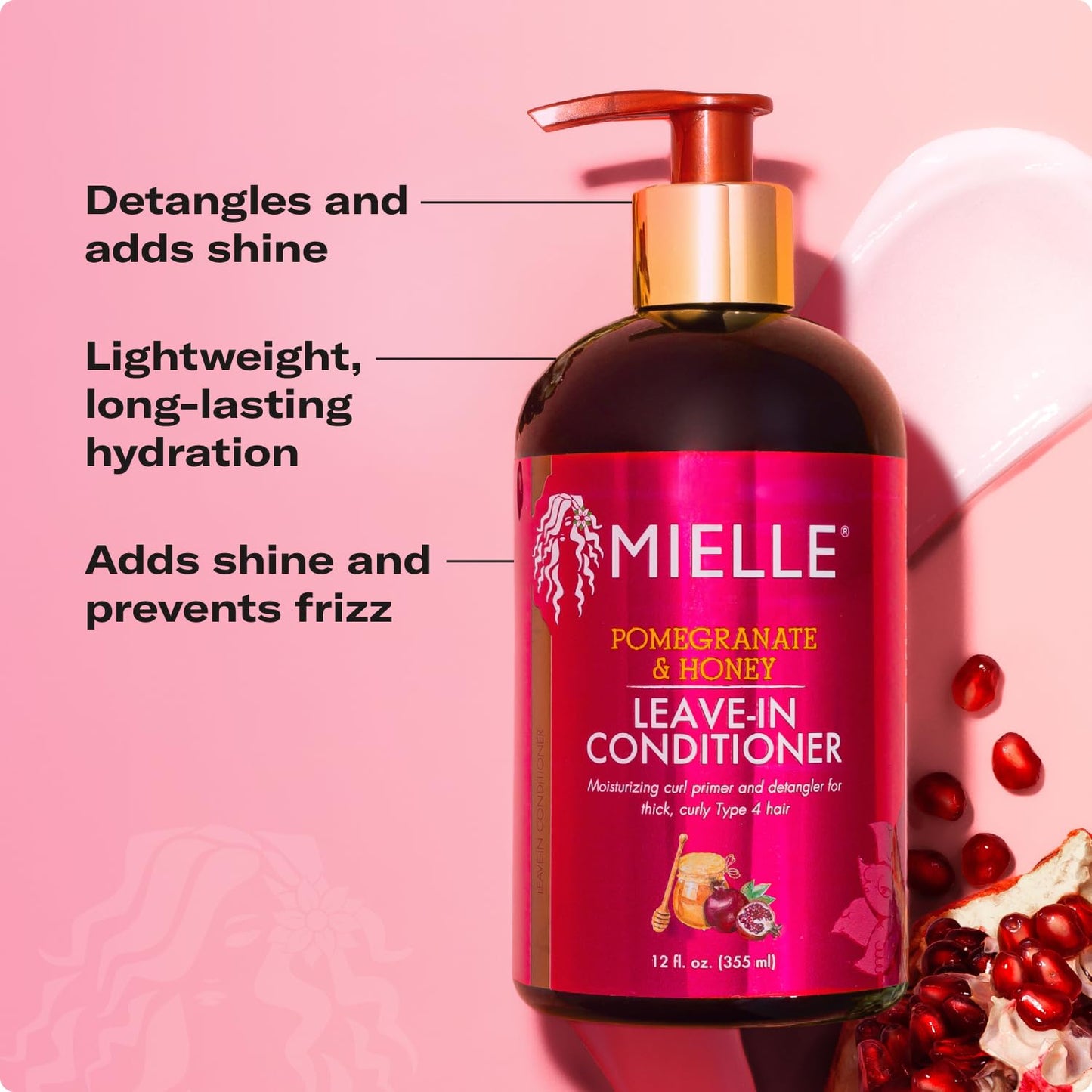 HOTMielle Organics Pomegranate & Honey Leave-In Conditioner for Curly Hair - Moisturizing Detangler & Curly Hair Treatment to Help Repair Damage, Prevent Frizz & Improve Shine, 12 Fl Oz