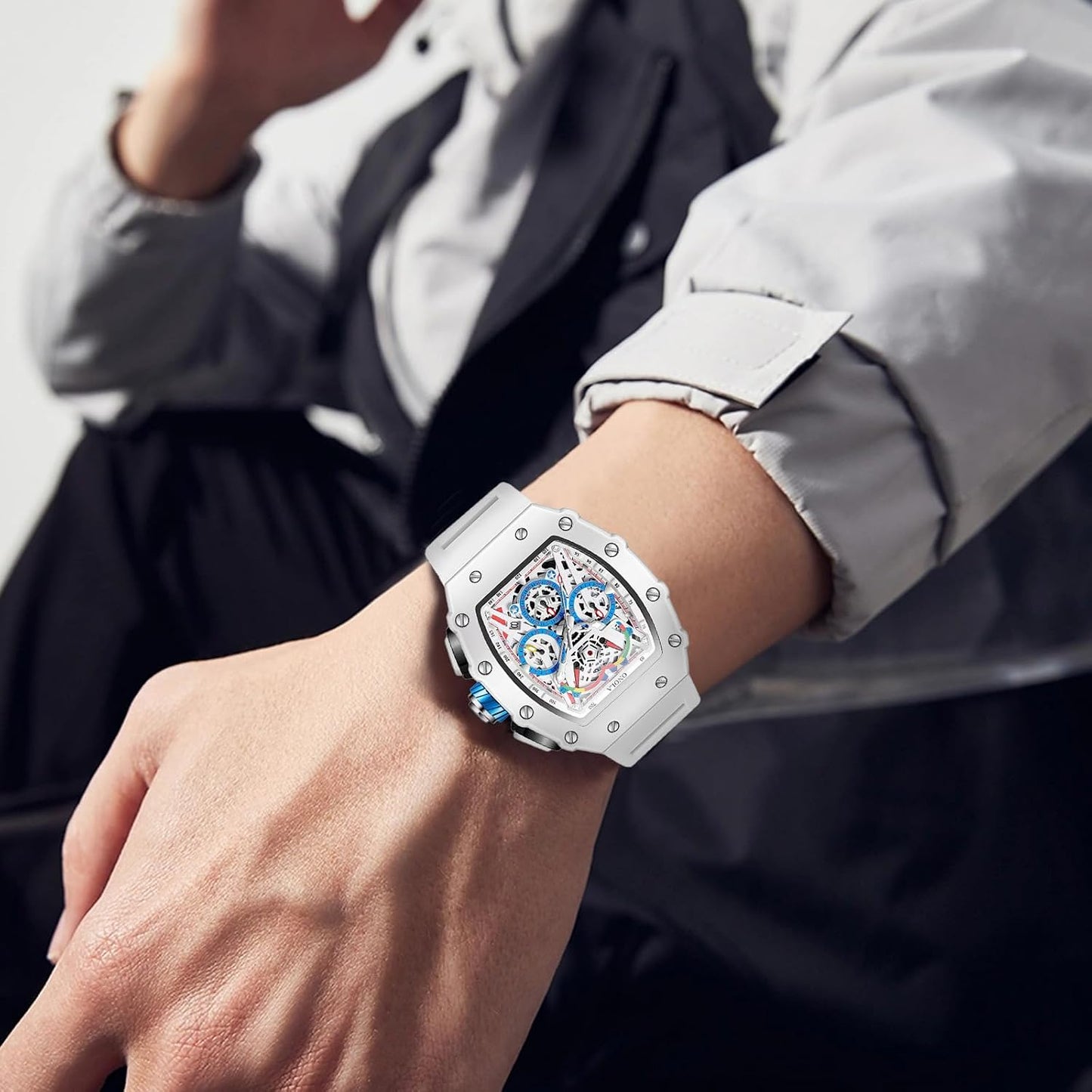 HOTFANMIS Fashion Hollowed Men Watches Tonneau Skeleton Dial Big Face 30M Water Resistant Chronograph Casual Watch with Silicone Strap Multifunctional Outdoor Sports Watch for Men’s