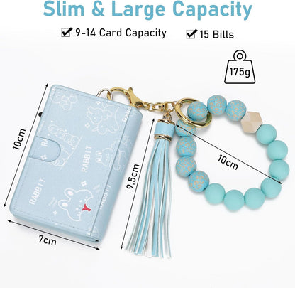 HOTWallet Women RFID Blocking Credit Card Holder Business Card Case Trifold Slim Wallet Wristlet with Key Chain PU Leather Holds 12 Cards Compact Small Coin Purse