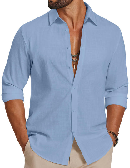 HOTCOOFANDY Men's Casual Button Down Shirts Long Sleeve Cotton Beach Wedding Shirt Summer Linen Shirt for Men
