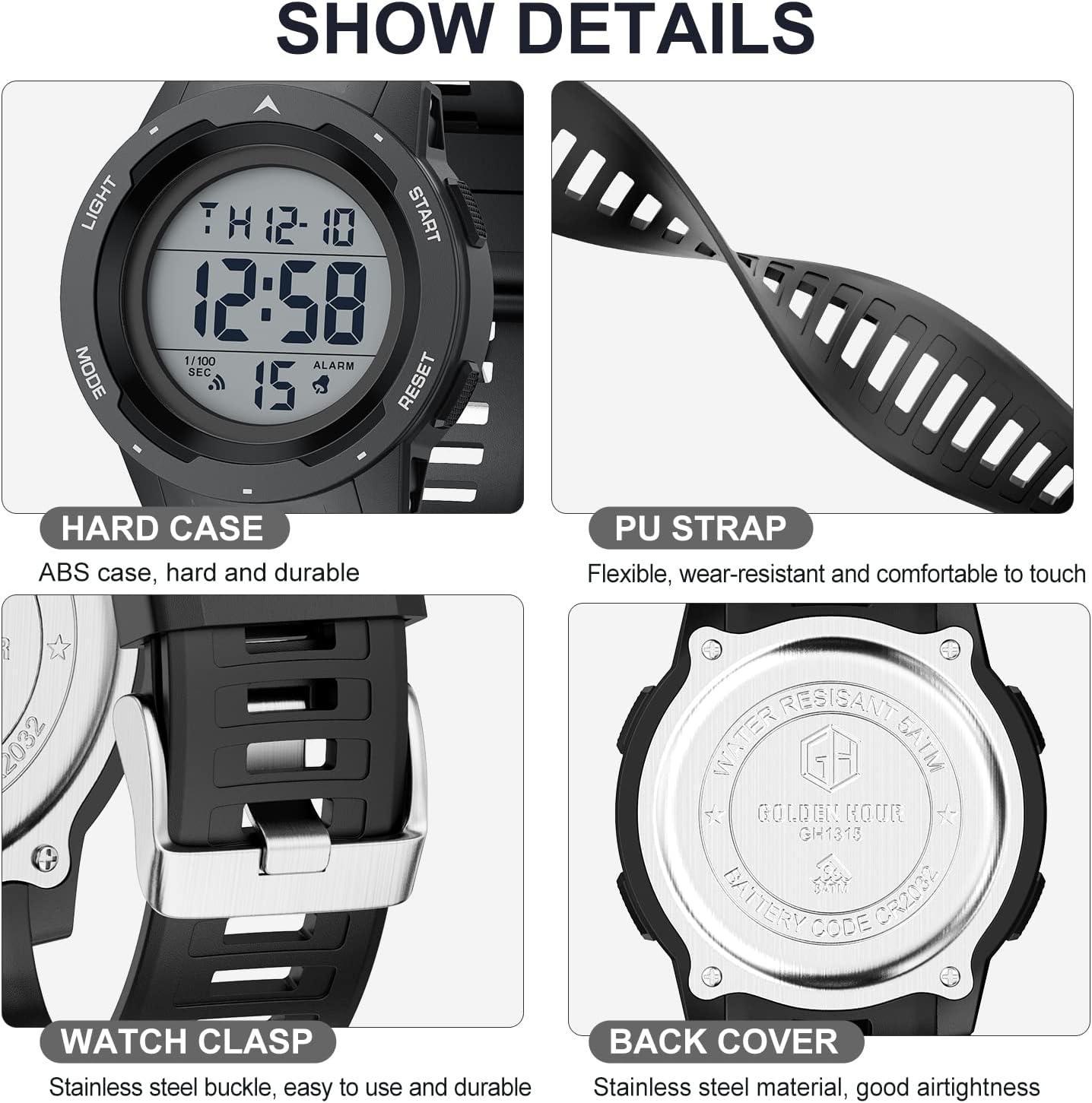 HOTGOLDEN HOUR Mens Waterproof Digital Sport Watches Wide Screen Easy Read Display Military Style with Rubber Strap