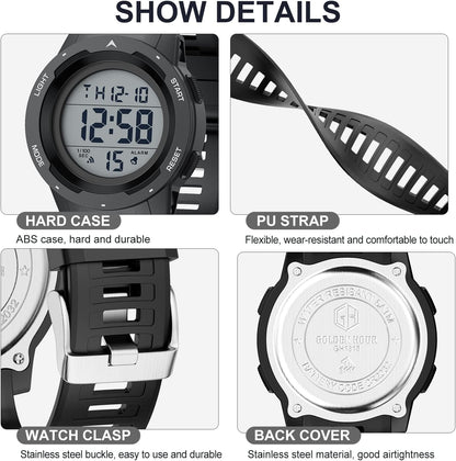 HOTGOLDEN HOUR Mens Waterproof Digital Sport Watches Wide Screen Easy Read Display Military Style with Rubber Strap