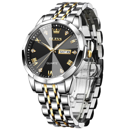 HOTOLEVS Men's Casual Stainless Steel Watch, Big Face Easy to Read Analog Quartz Watch with Day and Date, Classic Waterproof Diamond Roman Arabic Numeral Dial Dress Watch for Men, Gold Silver Black Band