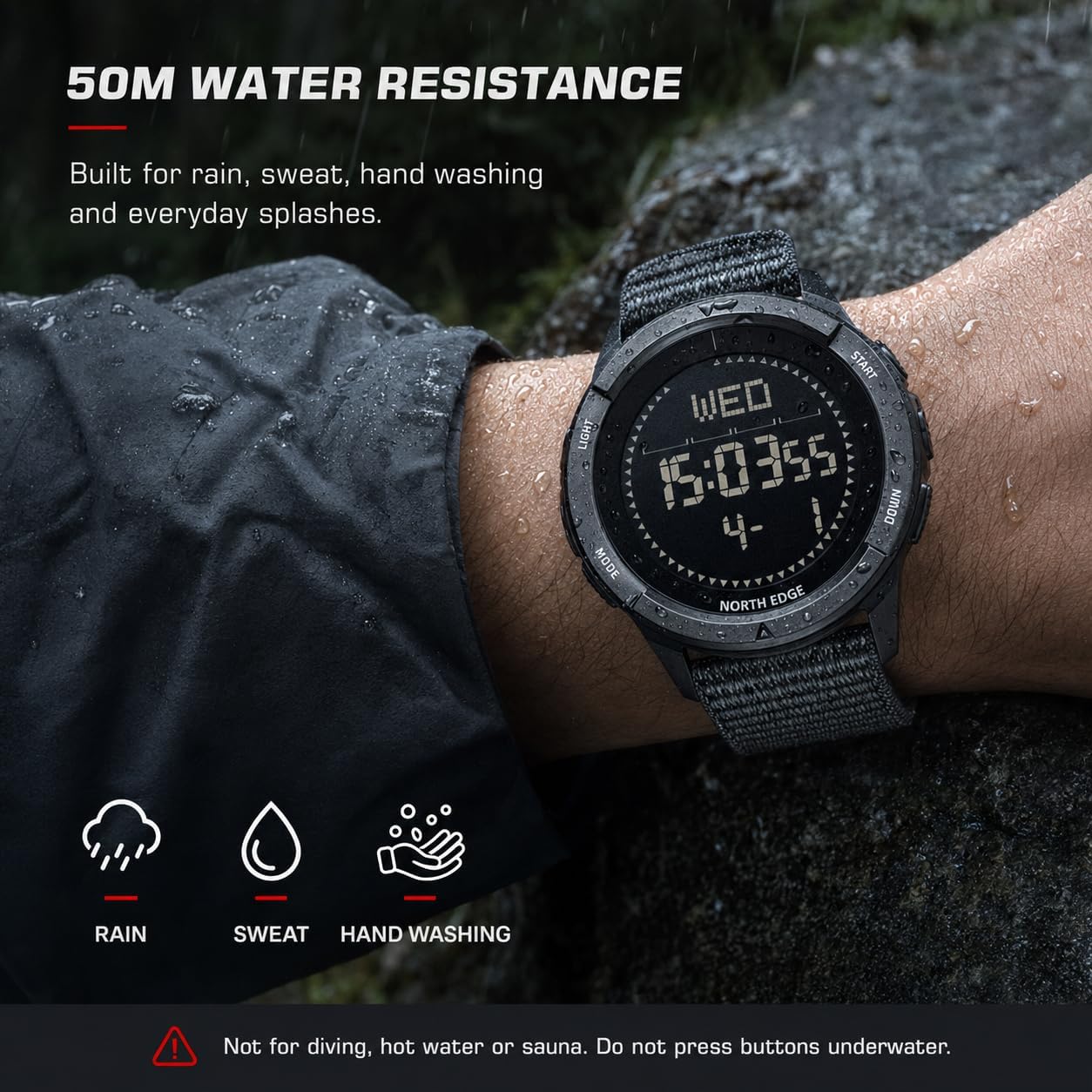 HOTNORTH EDGE ALPS Outdoor Digital Watch for Men | No app or charging, compass, step tracking and 50M water resistance