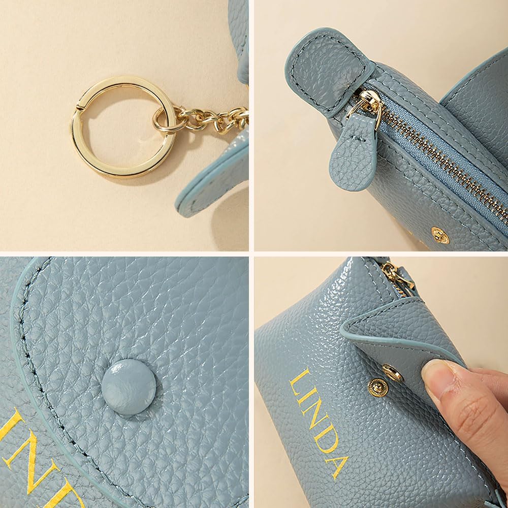 HOTCALLIE Personalized Leather Coin Purse with Keychain - Custom Name on Small Coin Pouch Change Holder - Birthday Teacher's Day Christmas Gifts for Women