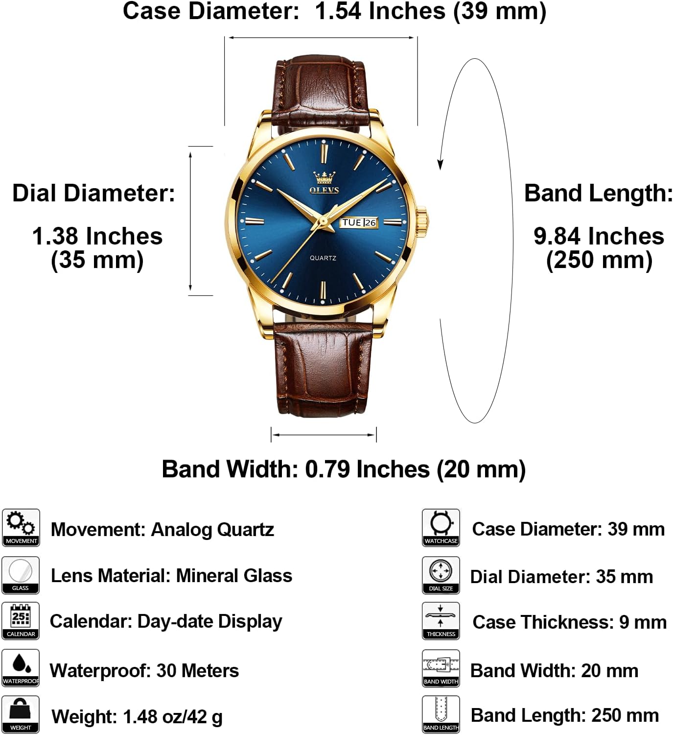HOTQBAIZI Men's Casual Leather Watch, Easy to Read Three-Hand Analog Stainless Steel Watches for Men, Minimalist Day Date Waterproof Luminous Mens Quartz Wristwatch