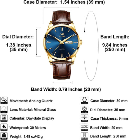 HOTQBAIZI Men's Casual Leather Watch, Easy to Read Three-Hand Analog Stainless Steel Watches for Men, Minimalist Day Date Waterproof Luminous Mens Quartz Wristwatch