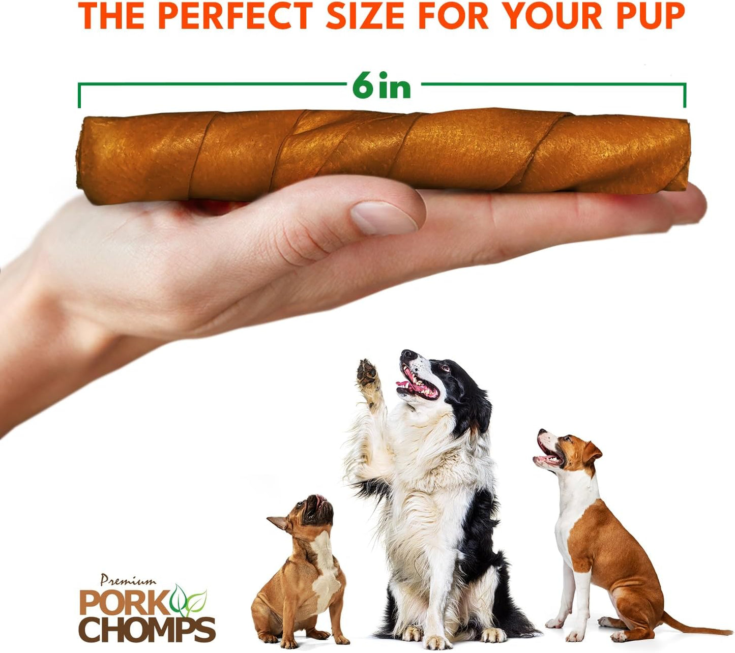 HOTPork Chomps Roasted Pork Skin Dog Chews, 6 Inch Twists, 15 Count - Long-Lasting Treats for Dogs - High Protein, Rawhide-Free, Low Fat, Healthy & Delicious Chews
