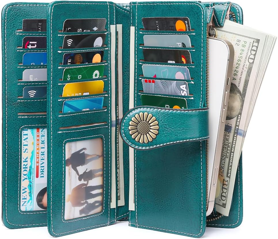 HOTSENDEFN Wallets for Women Leather Credit Card Holder with RFID Blocking Large Capacity Wristlet | with RFID Blocking