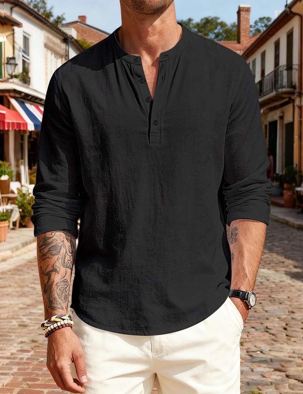 HOTMen's Linen Shirts Henley T-Shirts Long Sleeve Casual Beach T-Shirts Solid Tops Shirts for Men Black