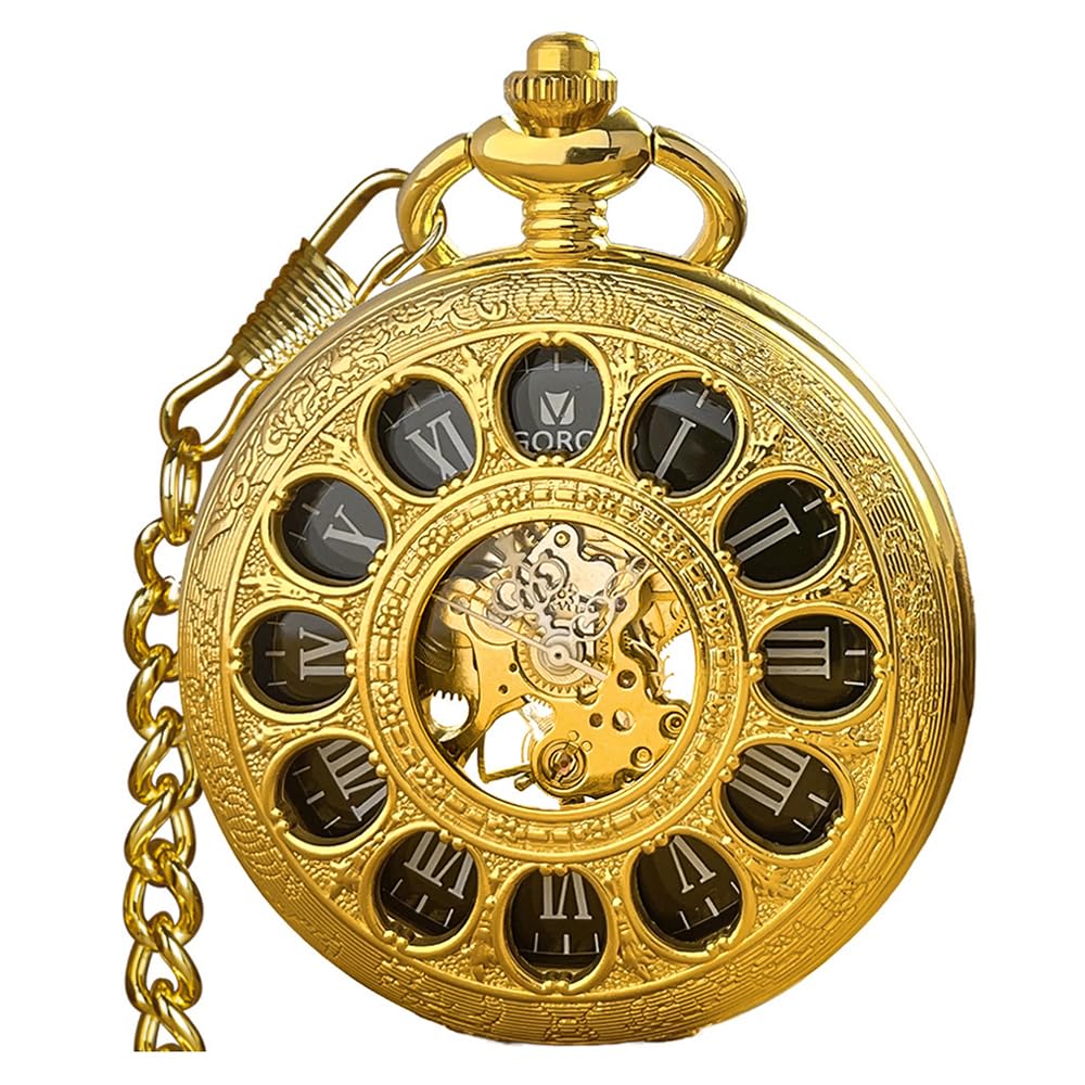 HOTVIGOROSO Mechanical Pocket Watches for Men Skeleton Pocket Watch with Chain | Vintage gold men's pocket watch,Hand wind up mechanical,Roman No. analog pocketwatch,Reloj de bolsillo para hombre,Gift ideal