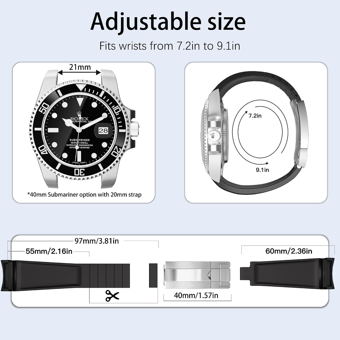 HOT20mm Watch Band for Rolex Rubber Strap 20mm for Men & Women Watches-Replacement Curved Lug End Watch Strap Colors:Black, Blue,Green 20mm 21mm 22mm