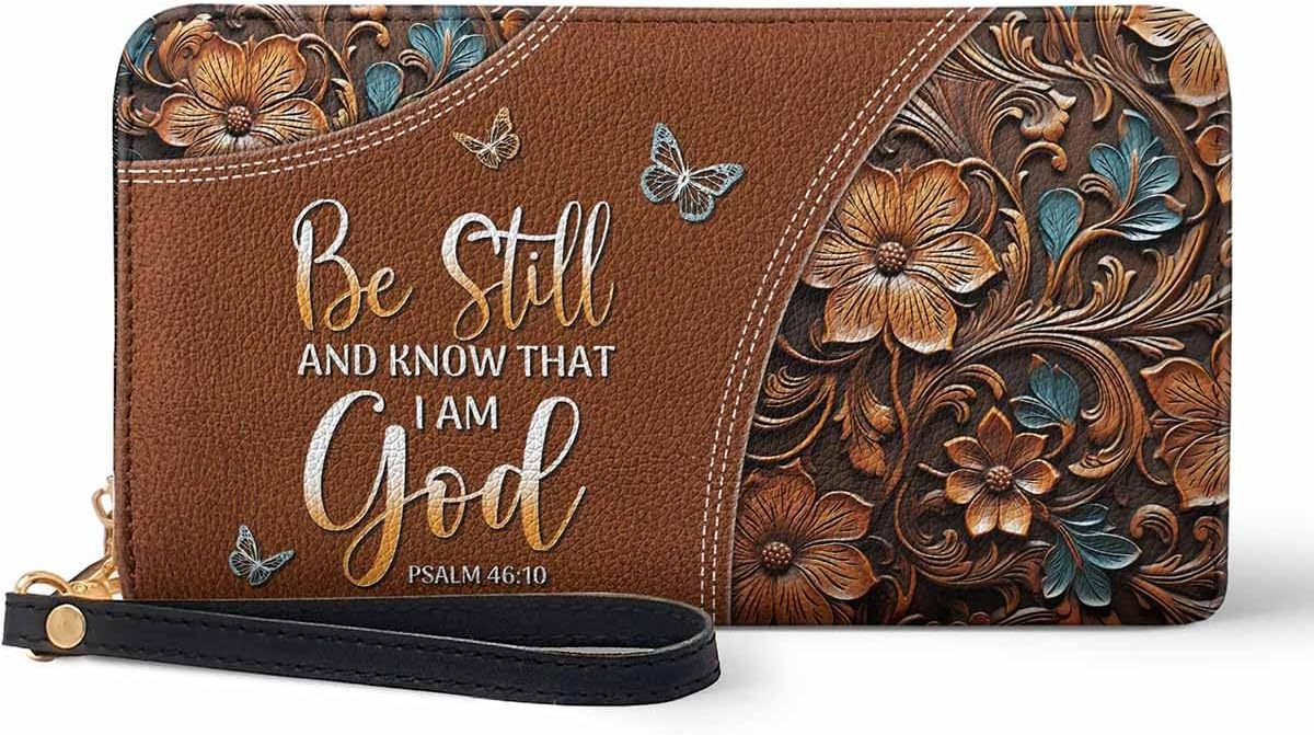 HOTPersonalized Christian Bible Verse Leather Wallet, God Faith RFID Blocking Credit Card Holder Clutch Purse Wristlet, Religious Inspirational Gift for Women Girl (Stillness - Psalm)