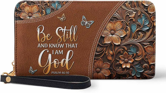 HOTPersonalized Christian Bible Verse Leather Wallet, God Faith RFID Blocking Credit Card Holder Clutch Purse Wristlet, Religious Inspirational Gift for Women Girl (Stillness - Psalm)