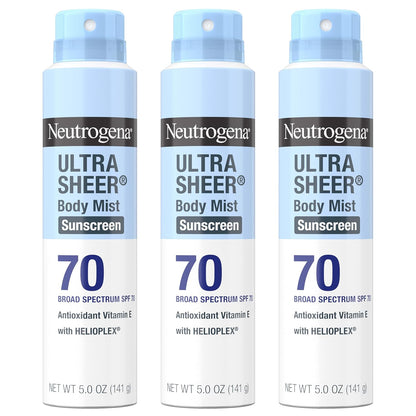 HOTNeutrogena Ultra Sheer Dry Touch Sunscreen Spray SPF 70 Broad Spectrum UVA UVB Protection Lightweight Water Resistant up to 80 Minutes PABA Oxybenzone Free, 3-pack of 5 oz