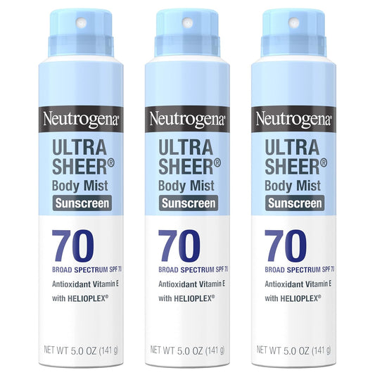 HOTNeutrogena Ultra Sheer Dry Touch Sunscreen Spray SPF 70 Broad Spectrum UVA UVB Protection Lightweight Water Resistant up to 80 Minutes PABA Oxybenzone Free, 3-pack of 5 oz