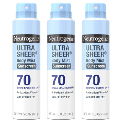 HOTNeutrogena Ultra Sheer Dry Touch Sunscreen Spray SPF 70 Broad Spectrum UVA UVB Protection Lightweight Water Resistant up to 80 Minutes PABA Oxybenzone Free, 3-pack of 5 oz