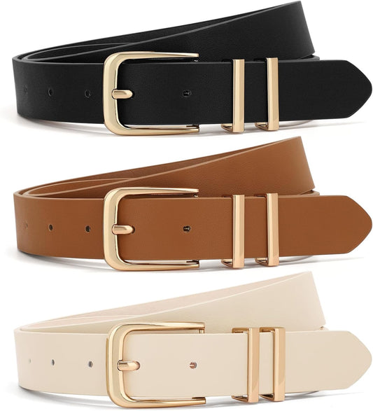 HOTXZQTIVE 3 Pack Women Belts For Jeans Dresses Pants Ladies Leather Waist Belt with Gold Buckle