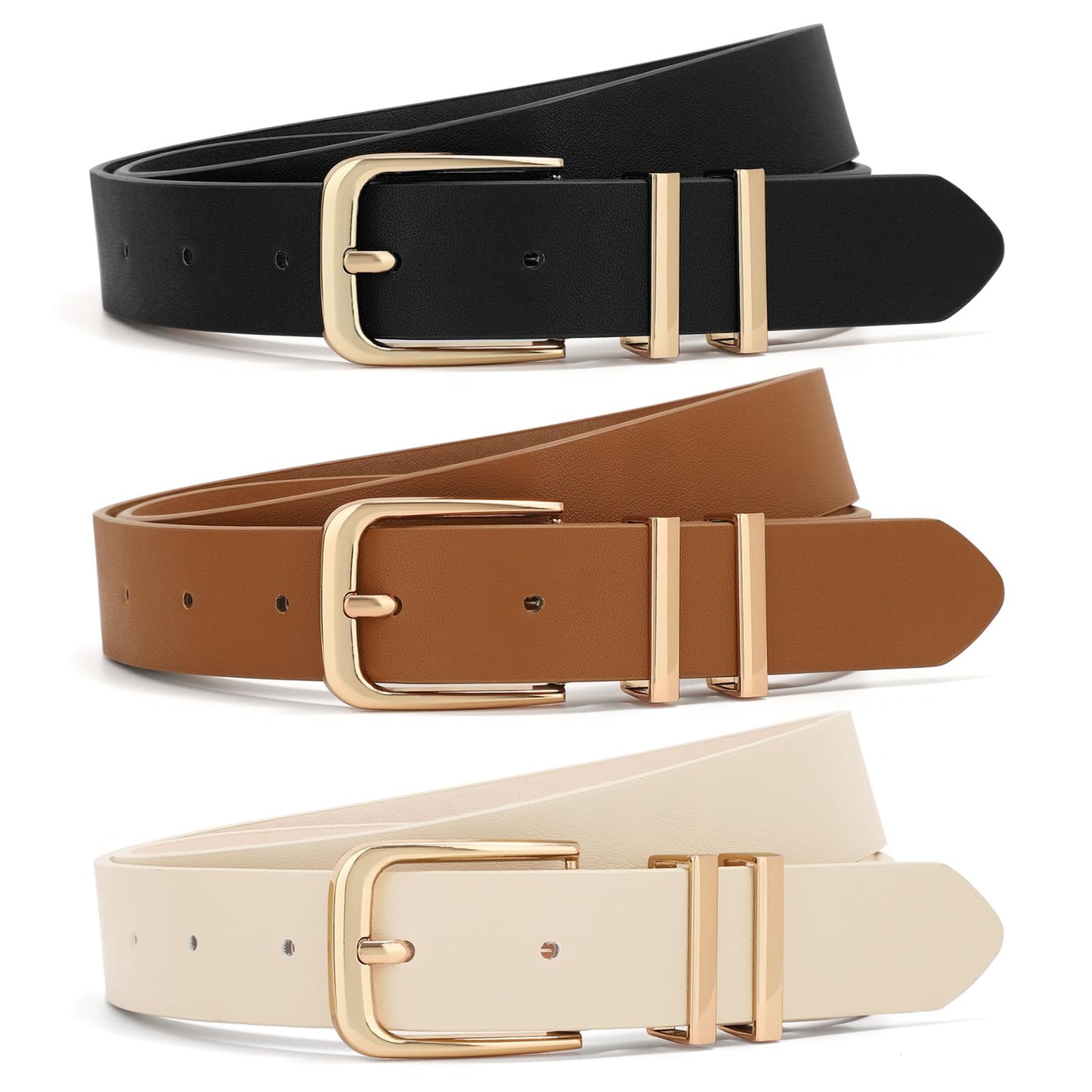 HOTXZQTIVE 3 Pack Women Belts For Jeans Dresses Pants Ladies Leather Waist Belt with Gold Buckle