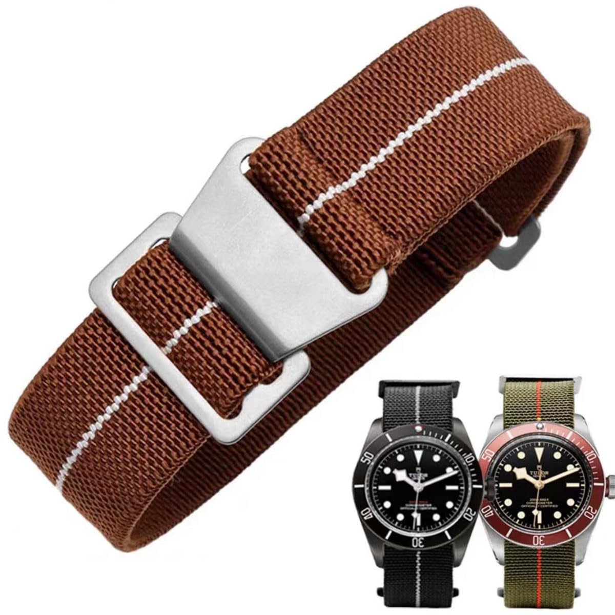 HOTFrench Troops Paratrooper Watchband,Military Elastic Nylon Watch Strap with Hook-and-Loop for Men Women Silver & Black Buckle 18/20/22mm