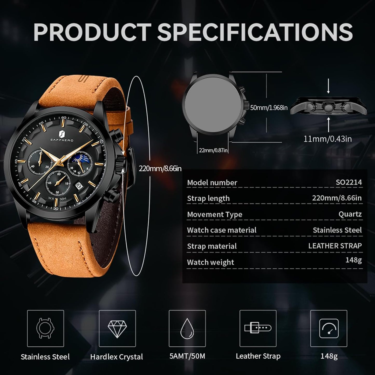 HOTSAPPHERO Men's Watches Stainless Steel Chronograph Waterproof Quartz-Business Casual Dress Watch for Men Luminous Date Gold/Silver/Black Design-Easy-to-Read Luxury Dial-Leather Unique Elegant Gift
