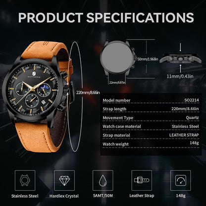 HOTSAPPHERO Men's Watches Stainless Steel Chronograph Waterproof Quartz-Business Casual Dress Watch for Men Luminous Date Gold/Silver/Black Design-Easy-to-Read Luxury Dial-Leather Unique Elegant Gift