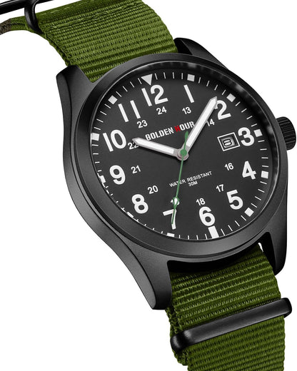 HOTGOLDEN HOUR Men's Nylon Slip-Thru Strap Watch with Military Time Easy Read Dial Glowing Hands