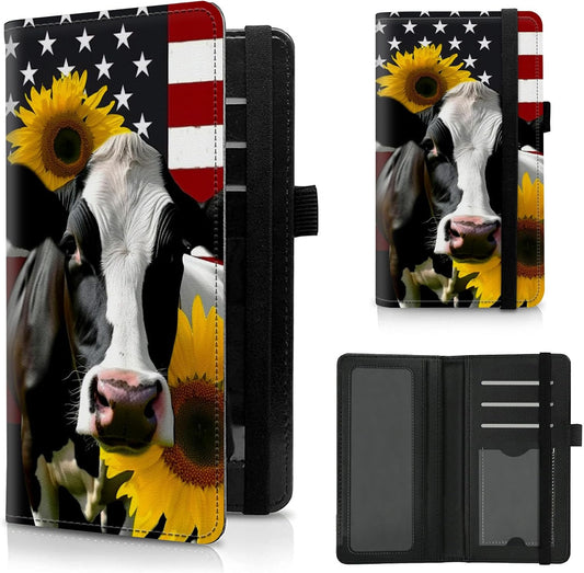 HOTCheck Book Cover for Personal Checkbook American Flag Sunflowers Cow Pattern Design PU Leather Checkbook Cover for Men Women with Card Slot & Pen Holder and Elastic Strap for Duplicate Checks