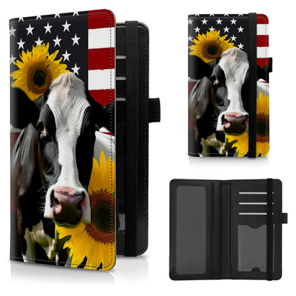 HOTCheck Book Cover for Personal Checkbook American Flag Sunflowers Cow Pattern Design PU Leather Checkbook Cover for Men Women with Card Slot & Pen Holder and Elastic Strap for Duplicate Checks