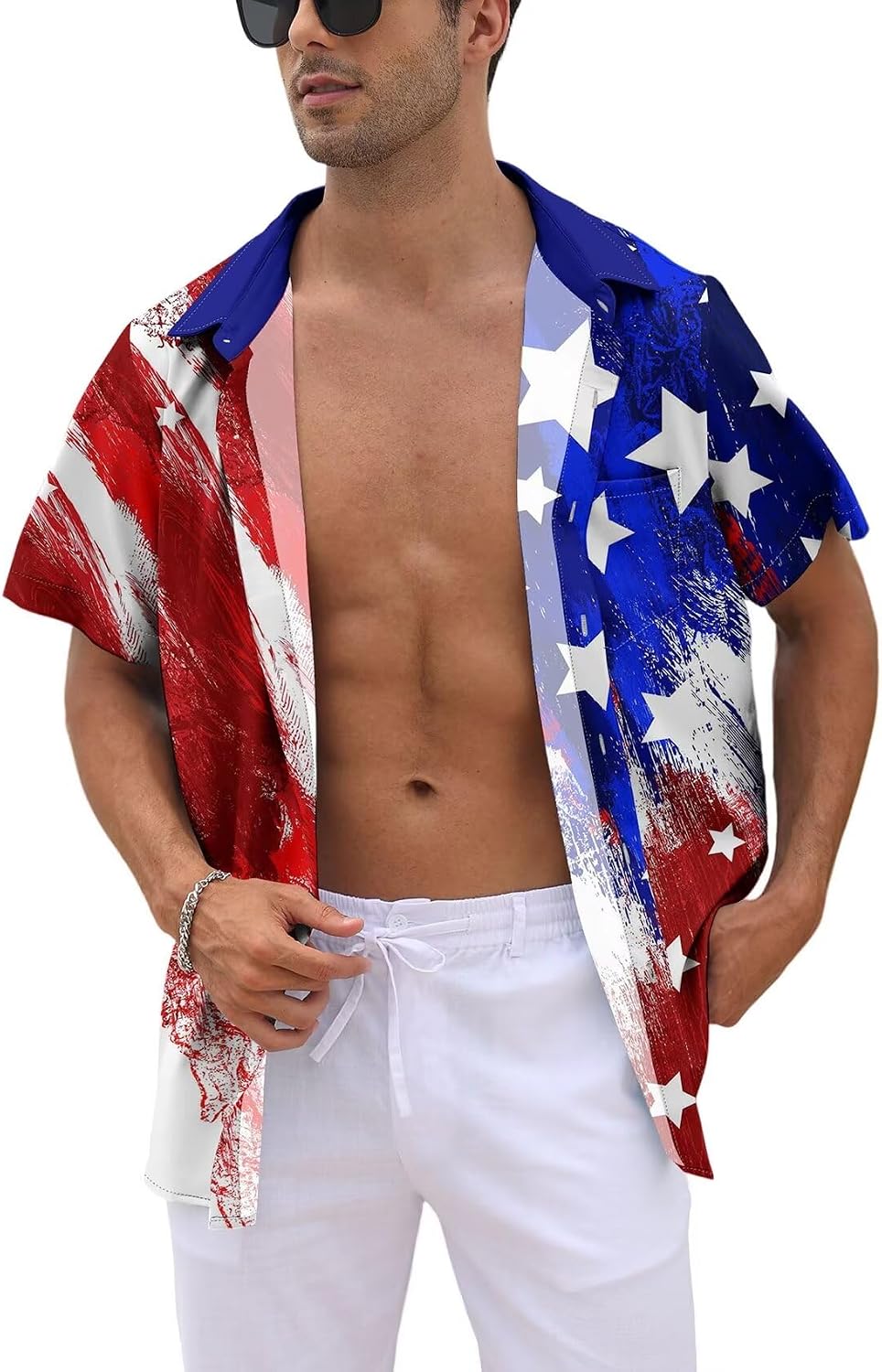 HOTWHO IN SHOP Men's 4th of July American Flag Patriotic Shirts Short Sleeve Button Up USA Memorial Day Shirts