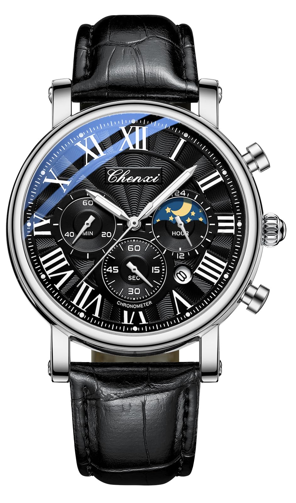 HOTFANMIS Men's Classic Watches Multifunctional Analog Watch Business Dress Waterproof Luminous Chronograph Starry Sky Moon Phase Leather Wristwatch