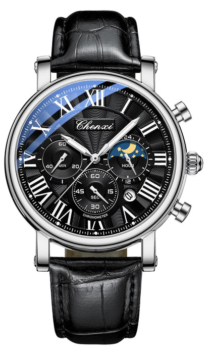 HOTFANMIS Men's Classic Watches Multifunctional Analog Watch Business Dress Waterproof Luminous Chronograph Starry Sky Moon Phase Leather Wristwatch