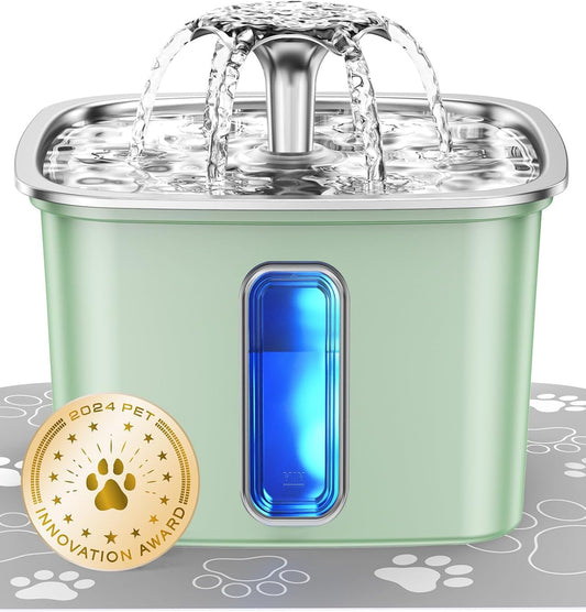 HOTVeken Innovation Award Winner Stainless Steel Cat Water Fountain, 108oz/3.2L Automatic Pet Fountain Dog Water Dispenser with Replacement Filters & Silicone Mat for Cats, Dogs (Tea Green)