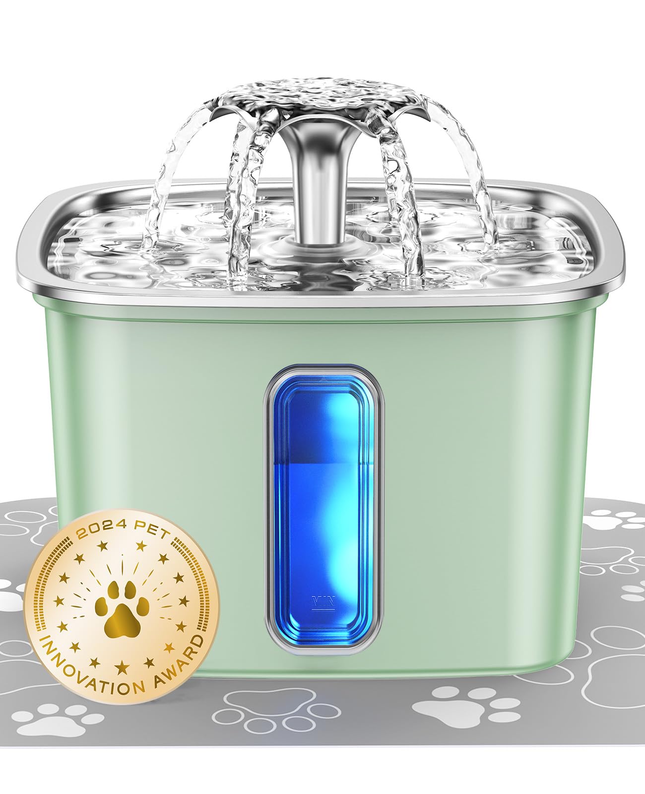 HOTVeken Innovation Award Winner Stainless Steel Cat Water Fountain, 108oz/3.2L Automatic Pet Fountain Dog Water Dispenser with Replacement Filters & Silicone Mat for Cats, Dogs (Tea Green)