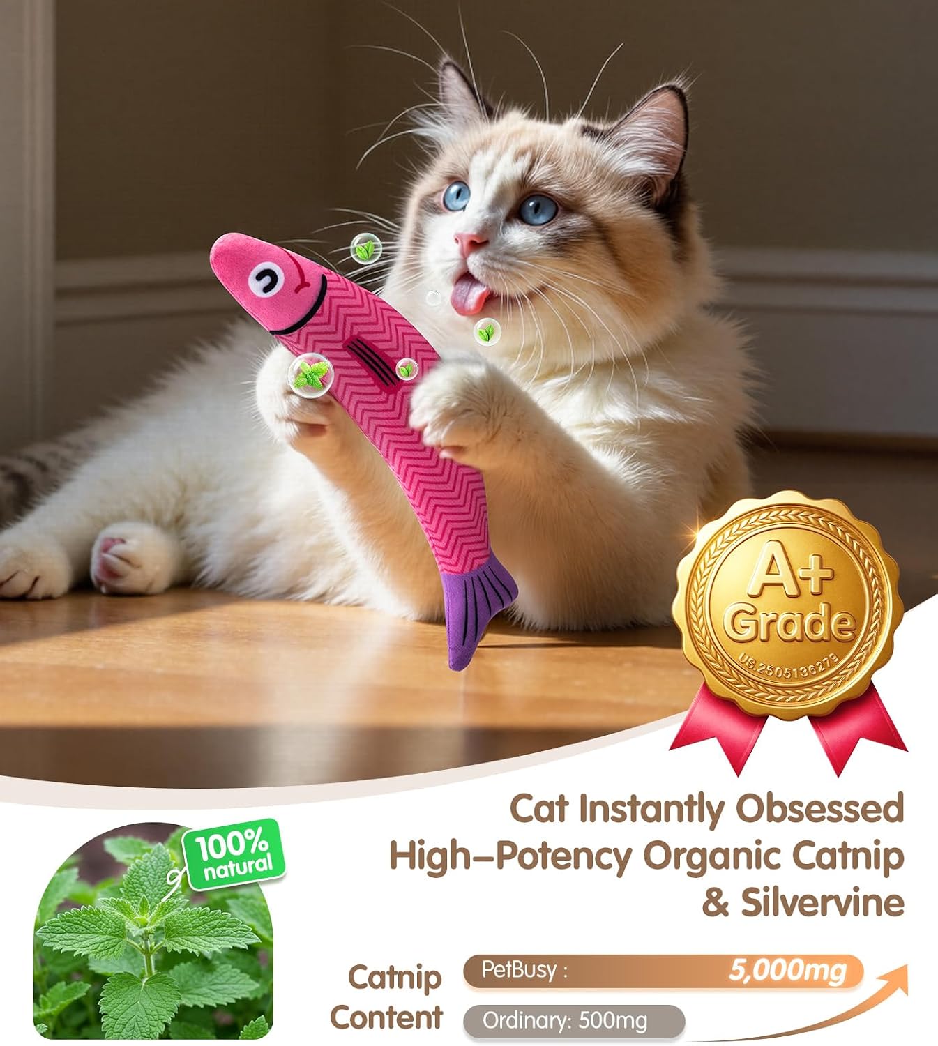 HOTPetBusy Cat Toys with[5000mg A+Natural Catnip &Silvervine] [Baby Grade] Interactive Soft Chew Kicker Cat Toys for Indoor Cats & Kittens, [Crinkle &Bell] Fish Sound Toy, Drives Bored Cat Crazy with Fun
